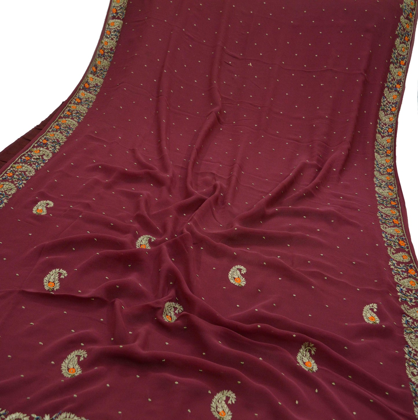 Indian Vintage Sari Maroon Hand Embroidered Pure Georgette Silk Sarees Craft Fabric 5Yd Sequins Wedding Sarees Quilting Crafting Upcycle