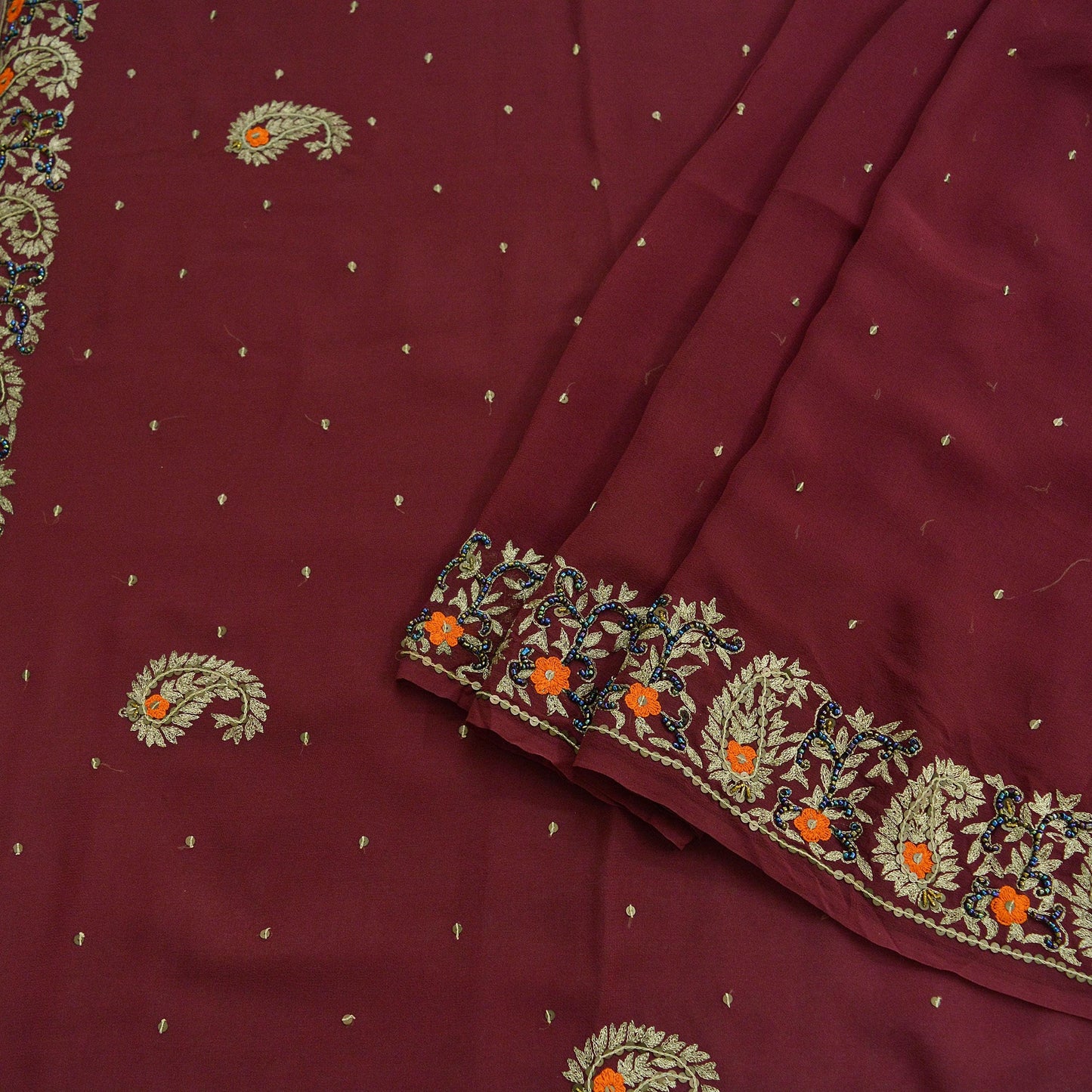 Indian Vintage Sari Maroon Hand Embroidered Pure Georgette Silk Sarees Craft Fabric 5Yd Sequins Wedding Sarees Quilting Crafting Upcycle