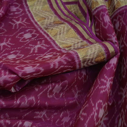 Indian Vintage Sari Maroon Hand woven Sambalpuri Ikat Saree Pure Silk Craft Fabric 5Yd Ethnic Chackra Zari Border