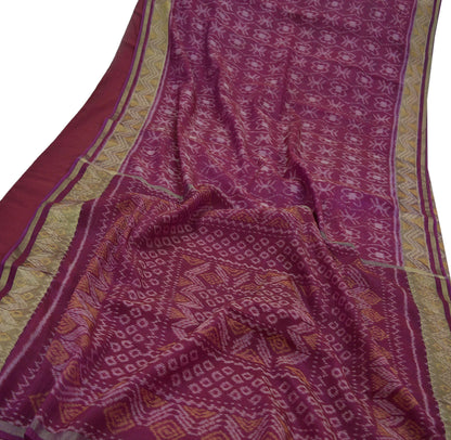 Indian Vintage Sari Maroon Hand woven Sambalpuri Ikat Saree Pure Silk Craft Fabric 5Yd Ethnic Chackra Zari Border