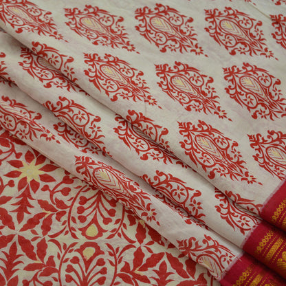 Indian Vintage Sari Red & White 100% Pure Silk Hand Woven Printed Sarees Craft Fabric 5yd Sewing Soft Dress Designing Crafting Zari Border