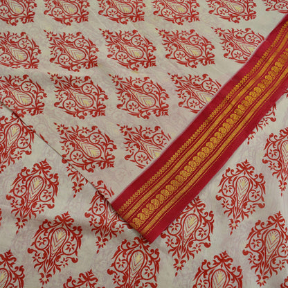Indian Vintage Sari Red & White 100% Pure Silk Hand Woven Printed Sarees Craft Fabric 5yd Sewing Soft Dress Designing Crafting Zari Border