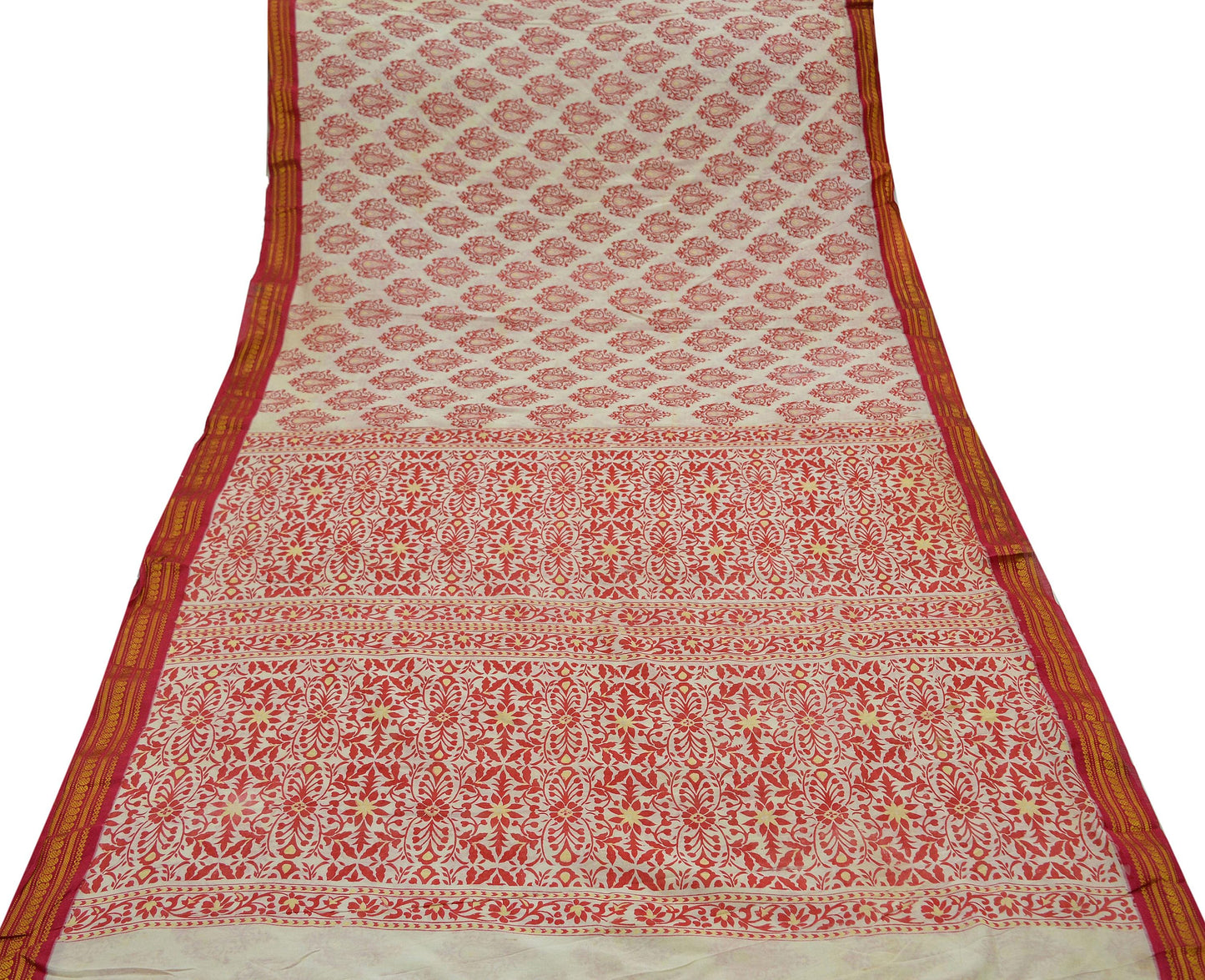Indian Vintage Sari Red & White 100% Pure Silk Hand Woven Printed Sarees Craft Fabric 5yd Sewing Soft Dress Designing Crafting Zari Border