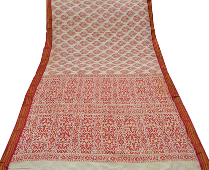 Indian Vintage Sari Red & White 100% Pure Silk Hand Woven Printed Sarees Craft Fabric 5yd Sewing Soft Dress Designing Crafting Zari Border