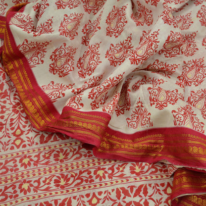Indian Vintage Sari Red & White 100% Pure Silk Hand Woven Printed Sarees Craft Fabric 5yd Sewing Soft Dress Designing Crafting Zari Border
