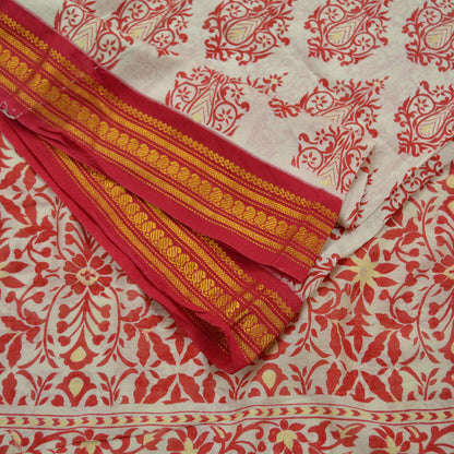 Indian Vintage Sari Red & White 100% Pure Silk Hand Woven Printed Sarees Craft Fabric 5yd Sewing Soft Dress Designing Crafting Zari Border