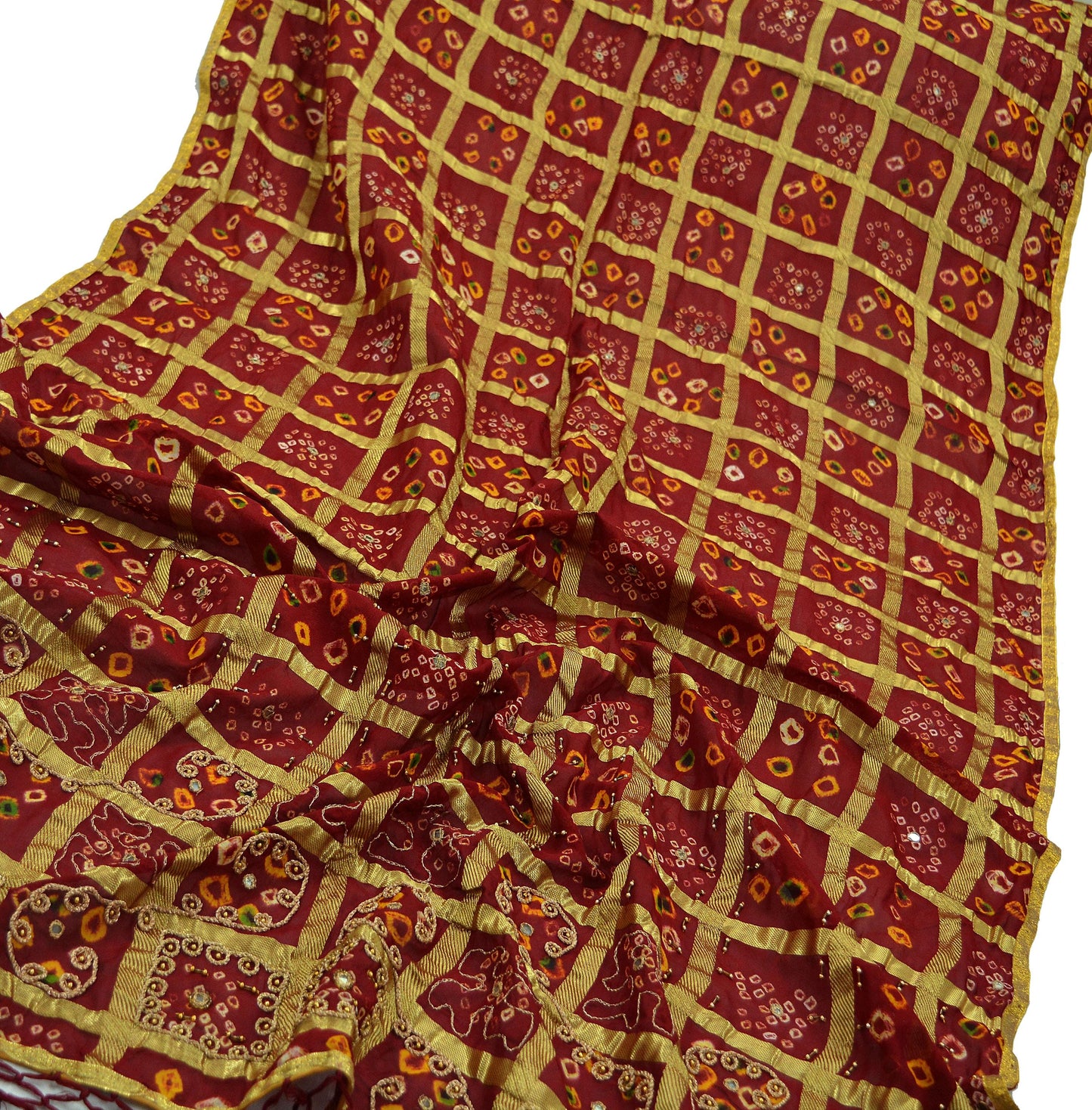 Indian Vintage Heavy Wedding Red Dupatta Pure Silk Long Stole Hand Embroidered Bandhani Gharchola Scarves Hijab Veil Bridal Dupatta