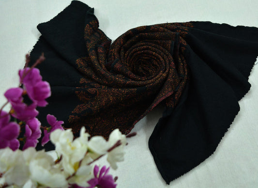 Vintage Shawl Black Woolen Shawl Handmade Embroidered Long Throw Stole Warm Floral Design Soft Cozy For Women's For Winter