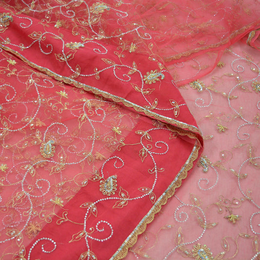 Indian Vintage Heavy Sari Pink Net/Mesh Hand Embroidered Sarees Craft Fabric 6Yd Sewing Soft Zardozi/Dabka Zari Sequins Wedding sarees