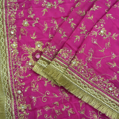 Indian Vintage Heavy Pink Dupatta Pure Georgette Silk Long Stole Hand Embroidered Scarf Zari Zardozi Wedding/ Bridal Veil Hijab