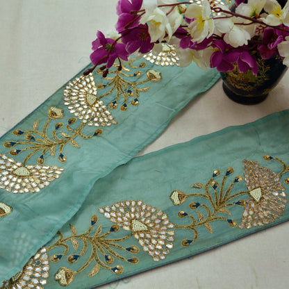 Indian Vintage Green Sari Border Hand Embroidered Gota Patti Craft Trim Lace Sewing Sari Ribbon Pure silk  Zardozi/Dabka Zari Dress making