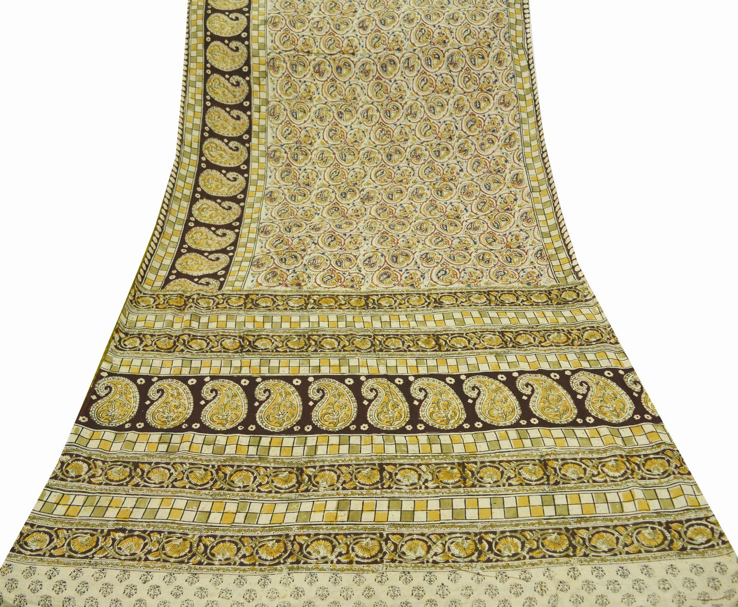 Indian Vintage Sari Beige & Brown Block Printed Pure Cotton Saree Craft Fabric 5Yd Sewing Sarong Wrap Boho Paisley Dress making Quilting