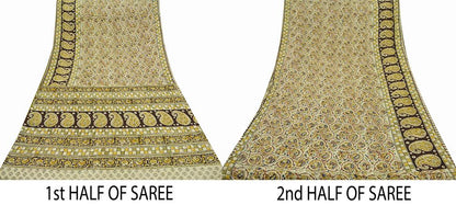 Indian Vintage Sari Beige & Brown Block Printed Pure Cotton Saree Craft Fabric 5Yd Sewing Sarong Wrap Boho Paisley Dress making Quilting