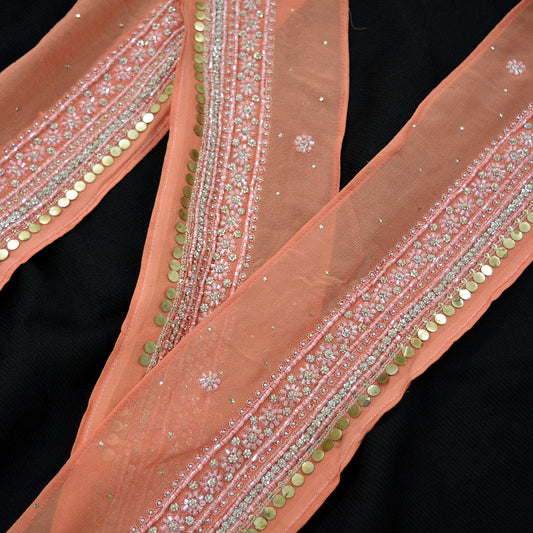Indian Vintage Peach Sari Border Hand Embroidered 1yd Craft Trim Lace Sewing Pure Georgette Silk Ribbon Recycled Sari Border Zari