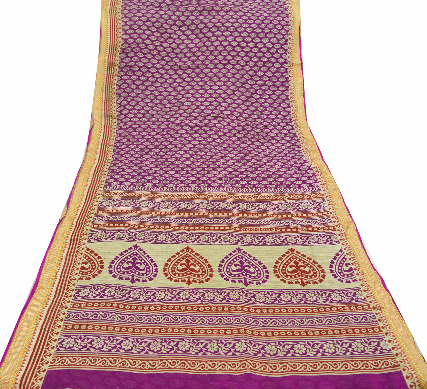 Indian Vintage Sari Beige & Purple Pure Cotton Printed Sarees Craft Fabric Soft 5Yd Sarong Wrap Boho Fabric Kimono Quilting Crafting Upcycle