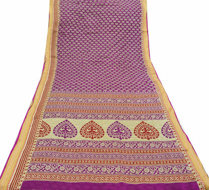 Indian Vintage Sari Beige & Purple Pure Cotton Printed Sarees Craft Fabric Soft 5Yd Sarong Wrap Boho Fabric Kimono Quilting Crafting Upcycle