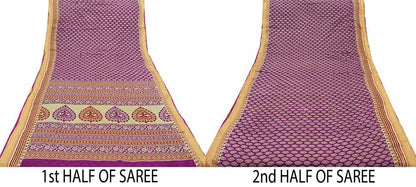 Indian Vintage Sari Beige & Purple Pure Cotton Printed Sarees Craft Fabric Soft 5Yd Sarong Wrap Boho Fabric Kimono Quilting Crafting Upcycle