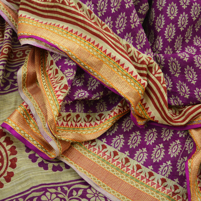 Indian Vintage Sari Beige & Purple Pure Cotton Printed Sarees Craft Fabric Soft 5Yd Sarong Wrap Boho Fabric Kimono Quilting Crafting Upcycle