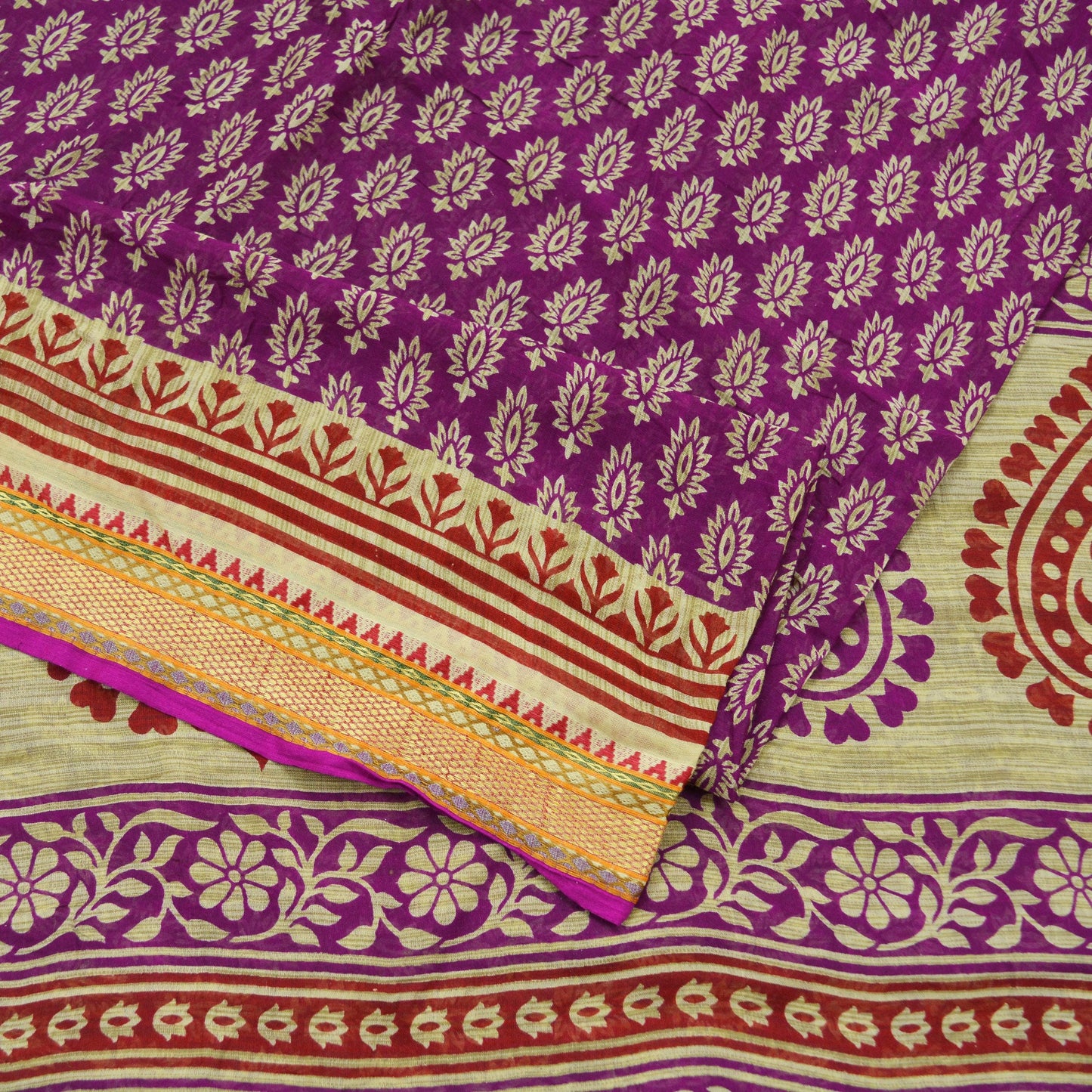 Indian Vintage Sari Beige & Purple Pure Cotton Printed Sarees Craft Fabric Soft 5Yd Sarong Wrap Boho Fabric Kimono Quilting Crafting Upcycle