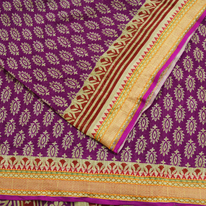 Indian Vintage Sari Beige & Purple Pure Cotton Printed Sarees Craft Fabric Soft 5Yd Sarong Wrap Boho Fabric Kimono Quilting Crafting Upcycle