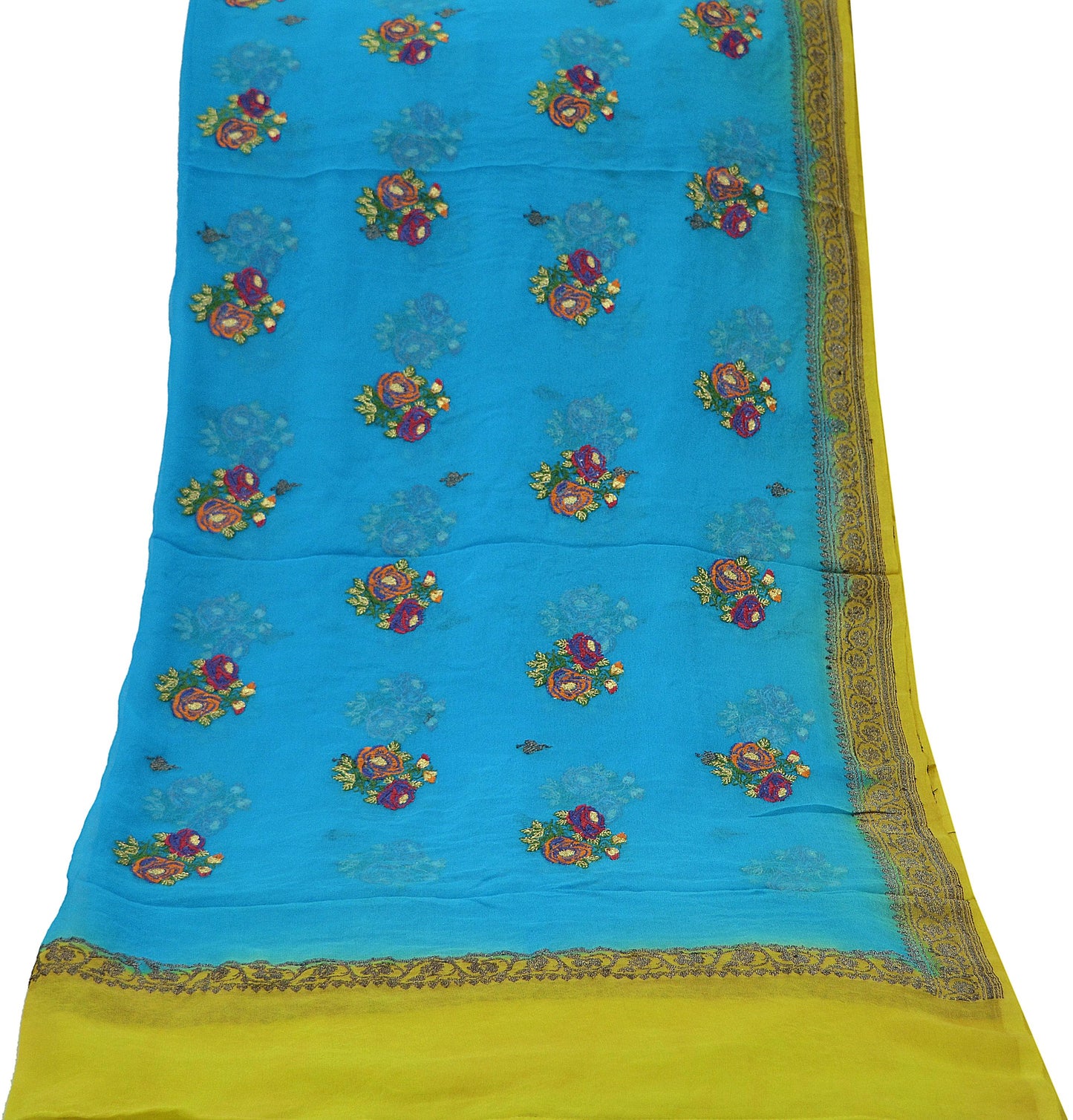 Indian Vintage Dupatta Blue Pure Georgette silk Long Stole Hand Embroidered Scarves Floral Design Stole Veil Wrap