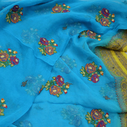 Indian Vintage Dupatta Blue Pure Georgette silk Long Stole Hand Embroidered Scarves Floral Design Stole Veil Wrap