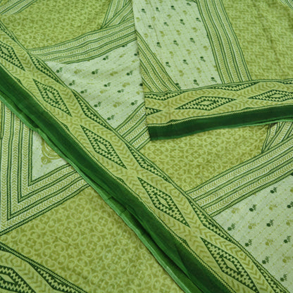 Indian Vintage Sari Green & Ivory Printed Pure Cotton Sarees 5Yd Craft Fabric Soft Sewing Sarong Wrap Boho Upcycle quilting Dress making