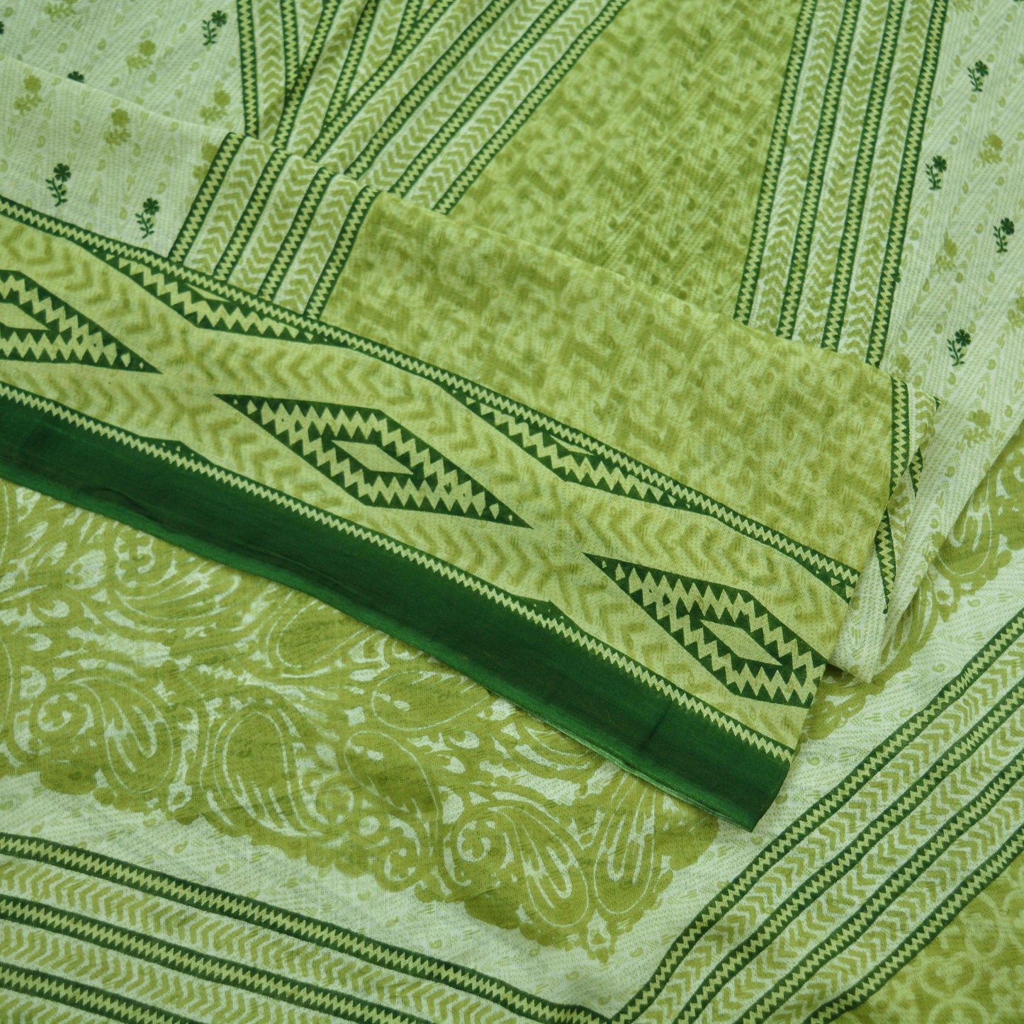 Indian Vintage Sari Green & Ivory Printed Pure Cotton Sarees 5Yd Craft Fabric Soft Sewing Sarong Wrap Boho Upcycle quilting Dress making