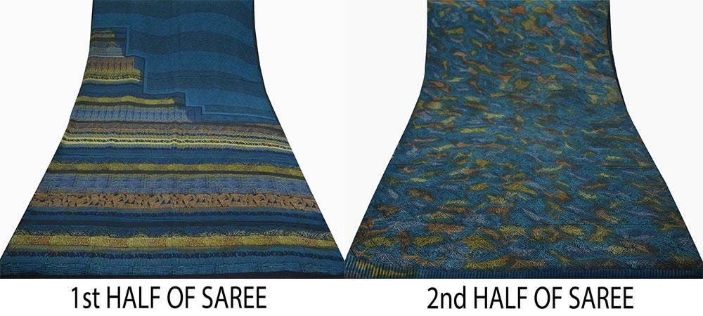 Indian Vintage Sari Blue & Black Pure Crepe Silk Printed Sarees 5yd Sewing Floral Craft Fabric Wrap Quilting Upcycle Crafting Dress making