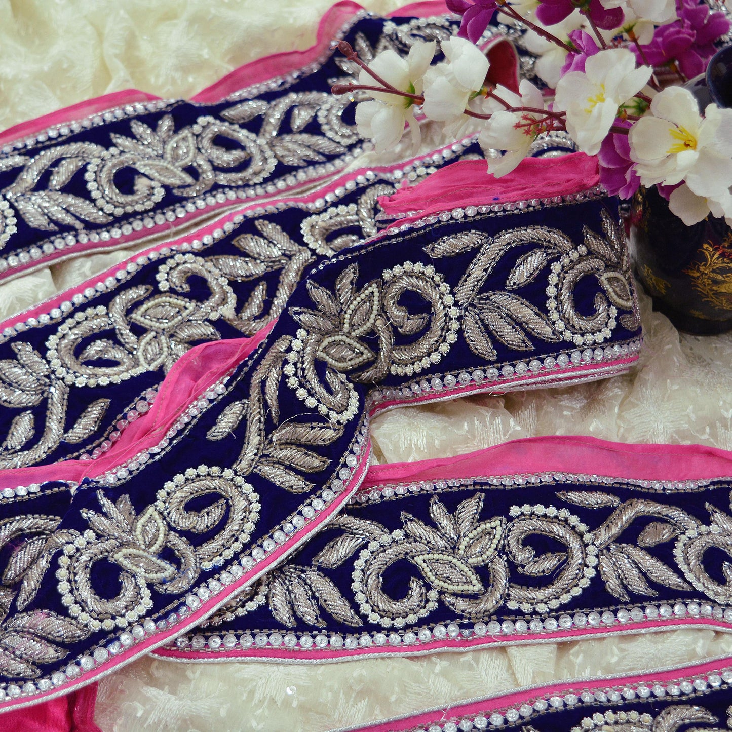 Indian Vintage Blue & Pink Sari Border Hand Embroidered Craft Trim Lace Sewing Sari Ribbon Velvet