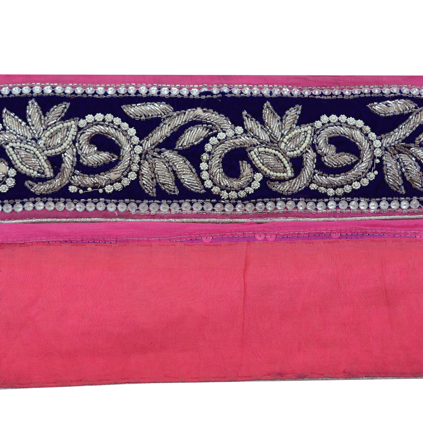 Indian Vintage Blue & Pink Sari Border Hand Embroidered Craft Trim Lace Sewing Sari Ribbon Velvet