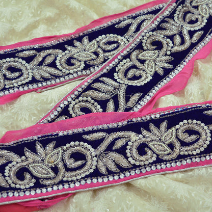 Indian Vintage Blue & Pink Sari Border Hand Embroidered Craft Trim Lace Sewing Sari Ribbon Velvet