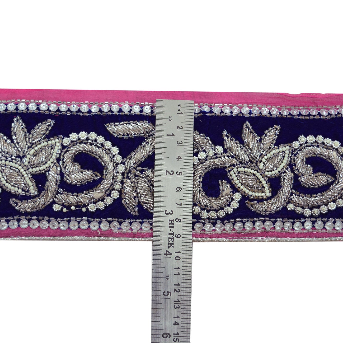 Indian Vintage Blue & Pink Sari Border Hand Embroidered Craft Trim Lace Sewing Sari Ribbon Velvet