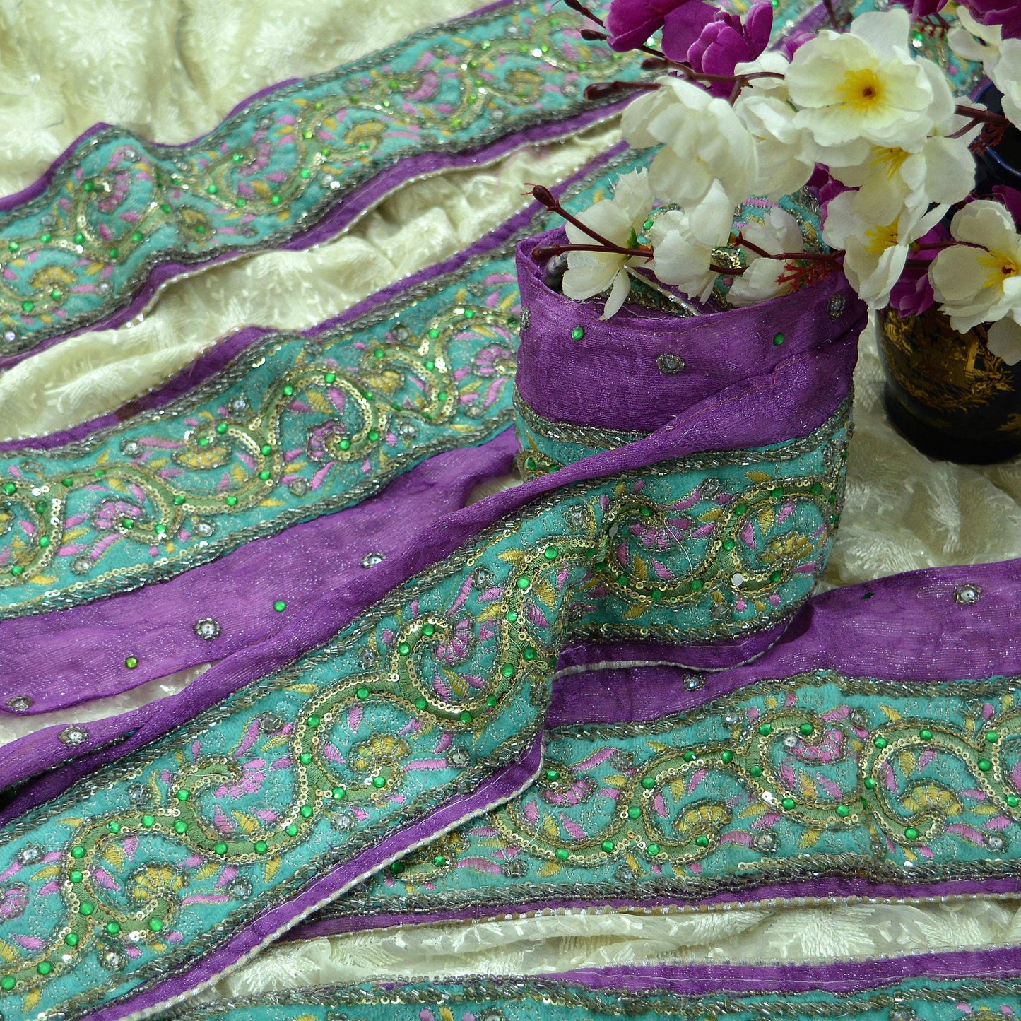 Indian Vintage Green & Purple Sari Border Hand Embroidered Craft Trim Lace Sewing Sari Ribbon Velvet Dress making Crafting Quilting Upcycle