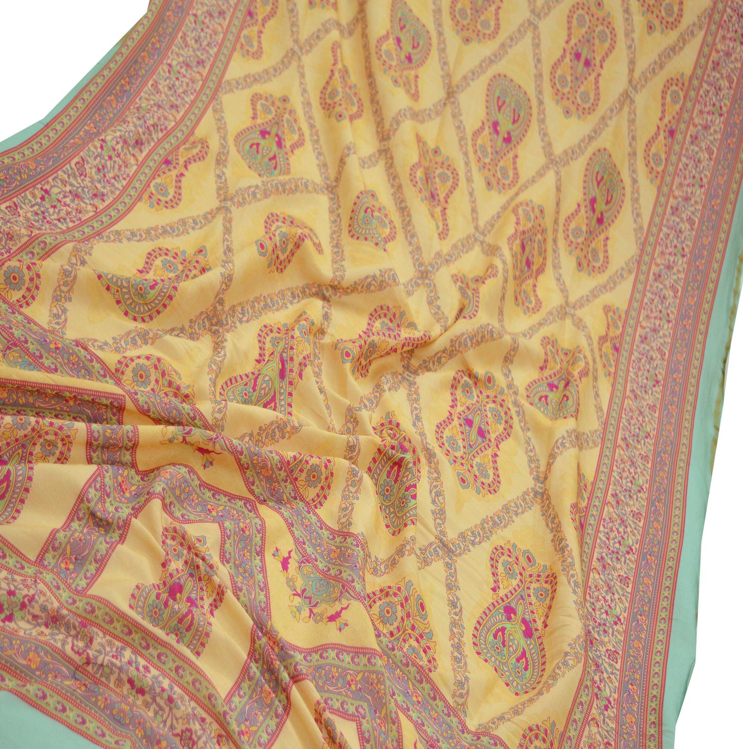 Indian Vintage Green & Beige Dupatta Long Stole Block Print Pure Cotton Scarves Veil Soft Floral Paisley Design Wrap Hijab Zari