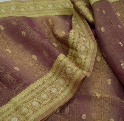 Indian Vintage Sari Beige & maroon Hand Woven 100% Pure Organza Silk Saree Craft Fabric 5Yd Dress Making Crafting Quilting Upcycle Fringes