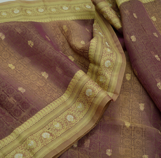 Indian Vintage Sari Beige & maroon Hand Woven 100% Pure Organza Silk Saree Craft Fabric 5Yd Dress Making Crafting Quilting Upcycle Fringes