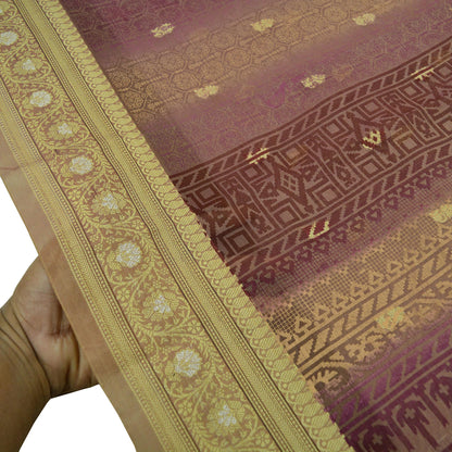 Indian Vintage Sari Beige & maroon Hand Woven 100% Pure Organza Silk Saree Craft Fabric 5Yd Dress Making Crafting Quilting Upcycle Fringes
