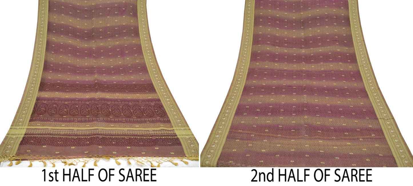 Indian Vintage Sari Beige & maroon Hand Woven 100% Pure Organza Silk Saree Craft Fabric 5Yd Dress Making Crafting Quilting Upcycle Fringes