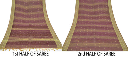 Indian Vintage Sari Beige & maroon Hand Woven 100% Pure Organza Silk Saree Craft Fabric 5Yd Dress Making Crafting Quilting Upcycle Fringes