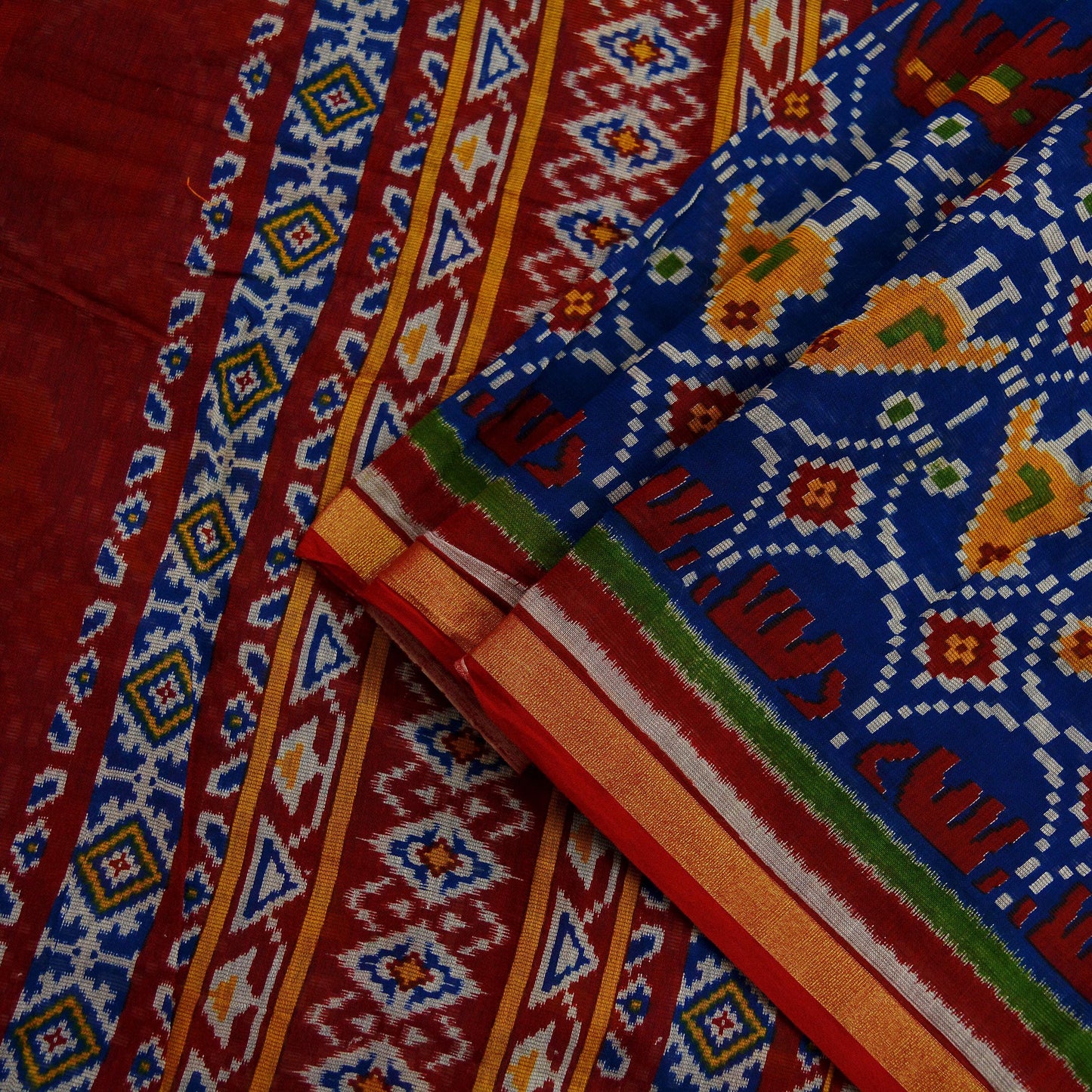 Indian Vintage Sari Red & Blue Ikat Printed 100% Pure Cotton Saree Craft Fabric 5Yd Zari Border Sewing Sarong Boho Dress making Quilting