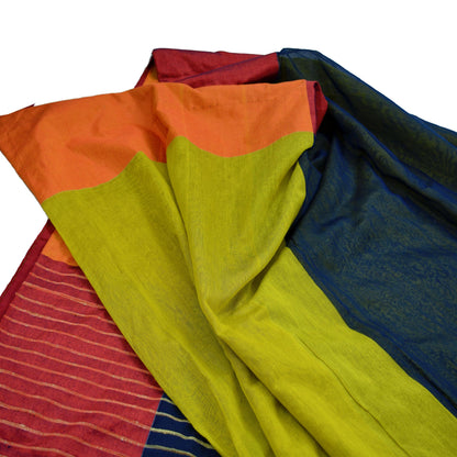Indian Vintage Sari neon Green & Blue Cotton Hand Woven Sarees Craft Fabric 5Yd Floral Soft Dress making Quilting Crafting Upcycle Fringes