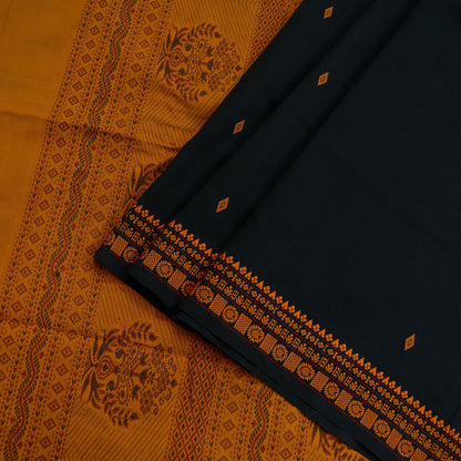 Indian Vintage Sari Mustard & Black Pure Cotton Hand Woven Baluchari Saree Craft Fabric 5yd Ethnic Humans Fringes Crafting Upcycle Quilting