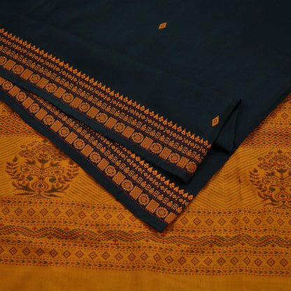 Indian Vintage Sari Mustard & Black Pure Cotton Hand Woven Baluchari Saree Craft Fabric 5yd Ethnic Humans Fringes Crafting Upcycle Quilting
