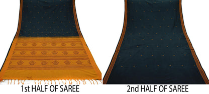 Indian Vintage Sari Mustard & Black Pure Cotton Hand Woven Baluchari Saree Craft Fabric 5yd Ethnic Humans Fringes Crafting Upcycle Quilting