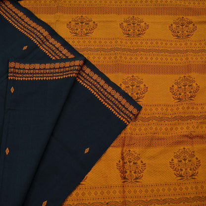 Indian Vintage Sari Mustard & Black Pure Cotton Hand Woven Baluchari Saree Craft Fabric 5yd Ethnic Humans Fringes Crafting Upcycle Quilting