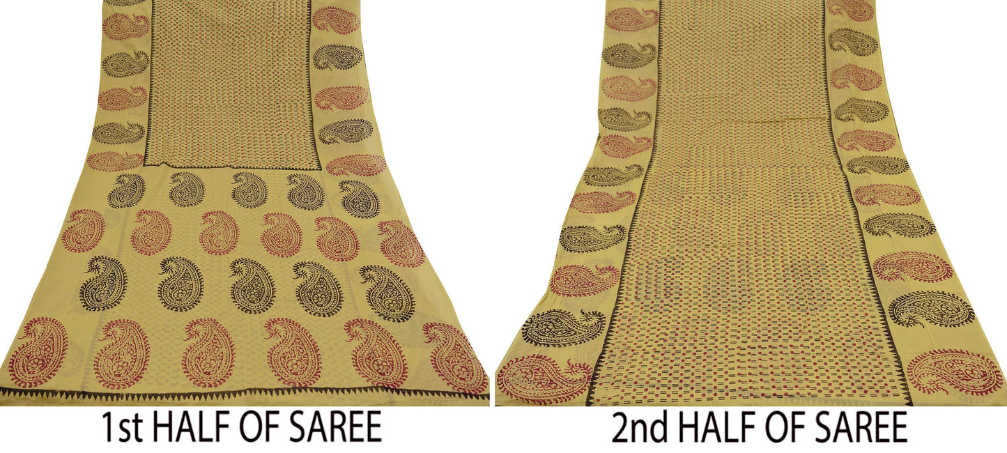 Indian Vintage Sari Beige Pure Cotton Hand Block Printed Sarees 5Yd Craft Fabric Soft Sewing Sarong Dress Making Quilting Crafting Upcycle