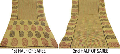 Indian Vintage Sari Beige Pure Cotton Hand Block Printed Sarees 5Yd Craft Fabric Soft Sewing Sarong Dress Making Quilting Crafting Upcycle