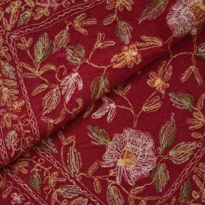 Indian Vintage Red Pure Woolen Shawl Handmade Ari work Long Throw Stole Warm Floral Design Upcycle Crafting Used For her Soft Cozy