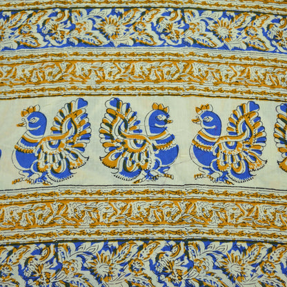Indian Vintage Saree Ivory Block Printed Pure Cotton Sari Craft Fabric Soft 5Yd Sarong Wrap Peacock Floral Dress Making Quilting Crafting